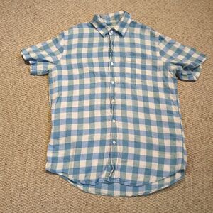 LL Bean Button Up Shirt Mens Large Blue Plaid 100% Linen Slightly Fitted